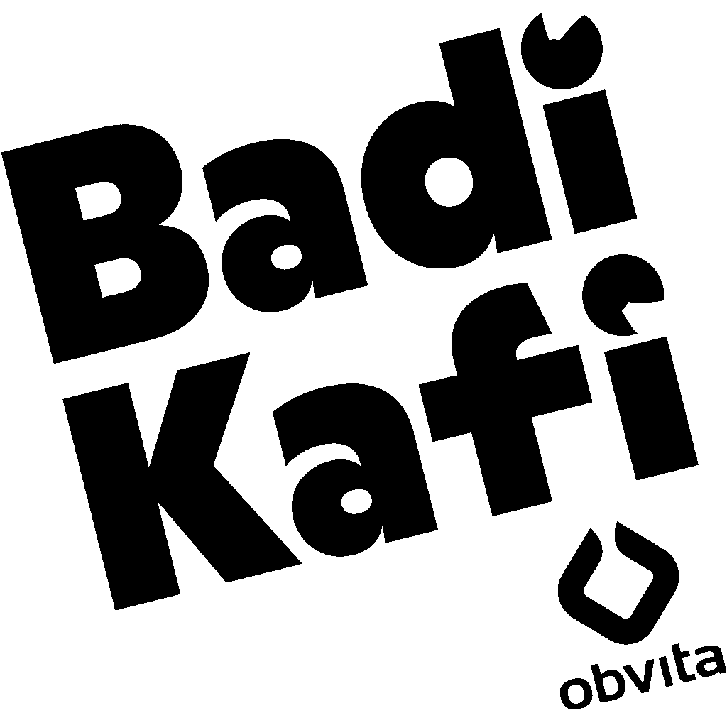 Schwarzer, fetter Text lautet „Badi Kafi“ schräg, mit einem kleinen „Obvita“ und einem abstrakten Logo darunter. Der Hintergrund ist weiß.