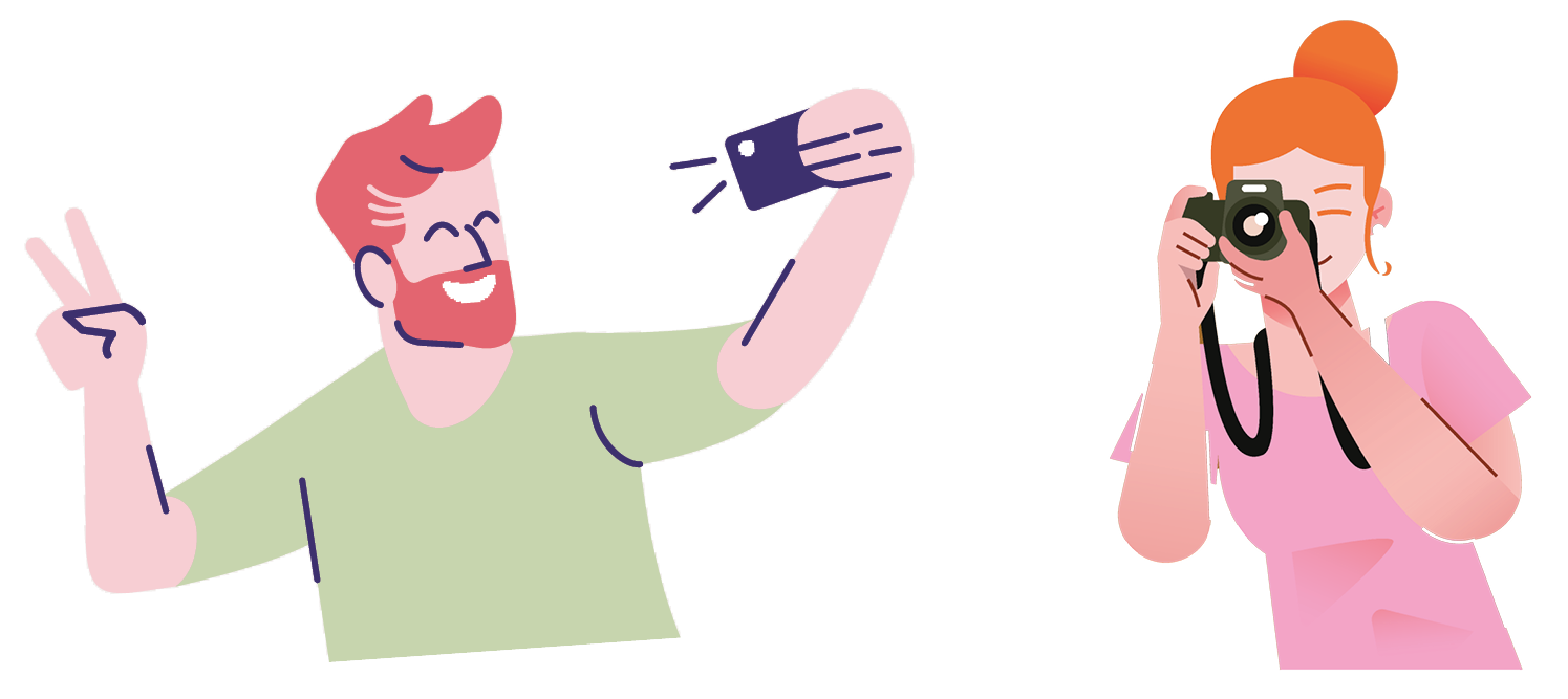 Illustration eines lächelnden Mannes mit roten Haaren, der ein Selfie macht und ein Friedenszeichen, während eine Frau mit roten Haaren in einem Dutt sein Foto mit einer Kamera aufnimmt.