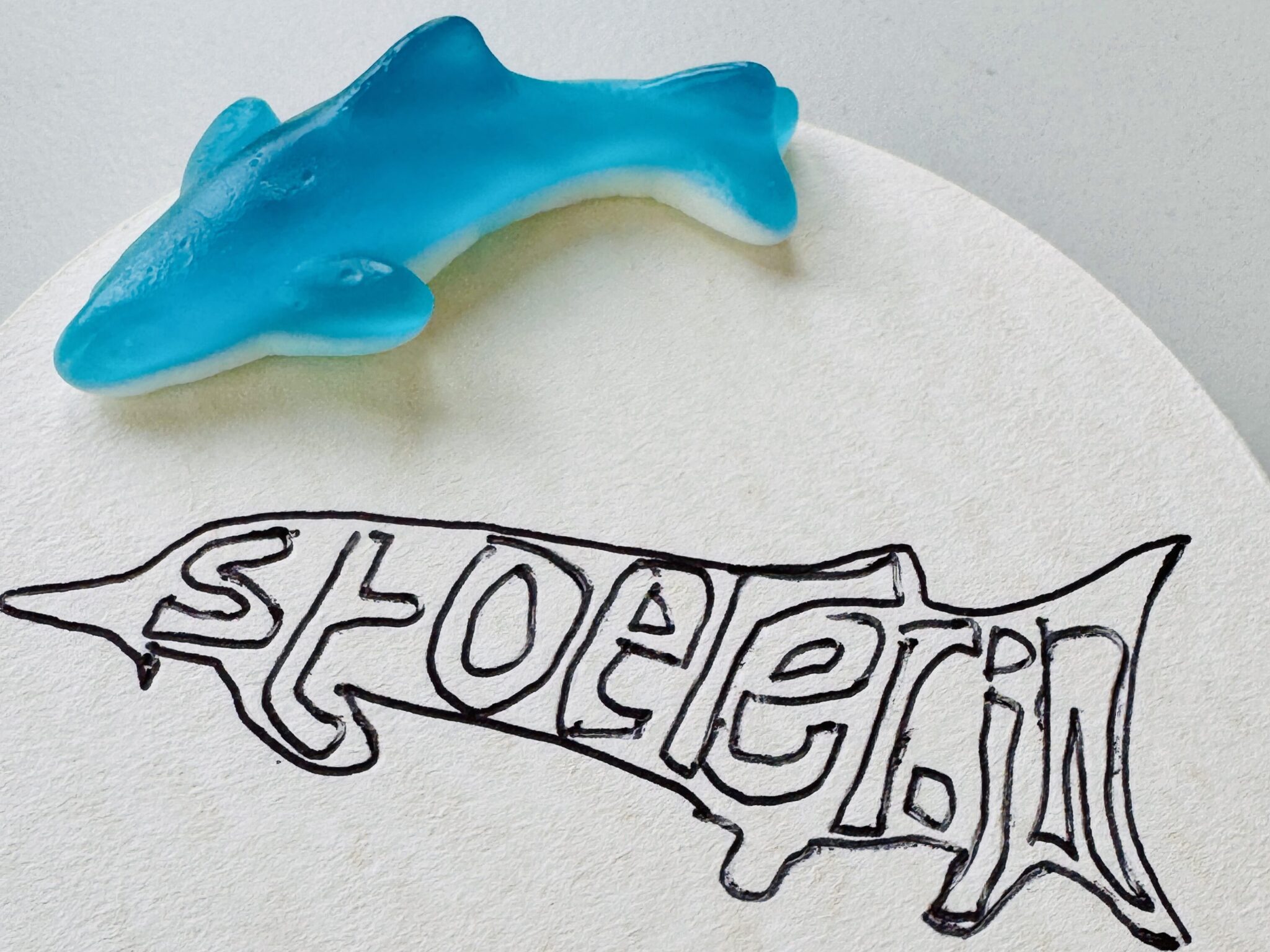 Ein blaues Hai-Gummibonbon liegt auf einer weißen Fläche neben der Zeichnung einer Fischform, in die in stilisierten Buchstaben das Wort "Stoeterin" geschrieben ist.