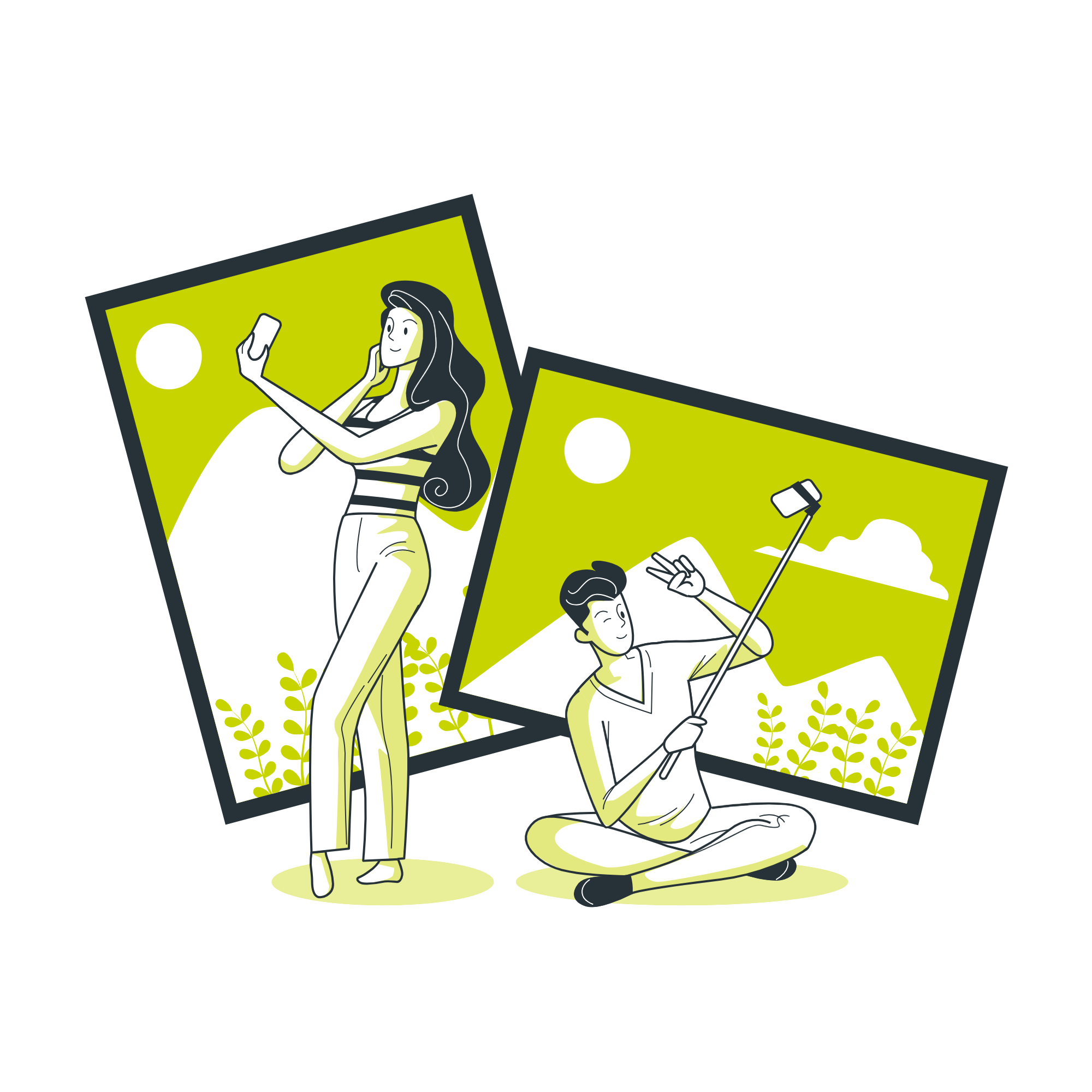 Illustration einer stehenden Frau und eines im Schneidersitz sitzenden Mannes, die beide Selfies mit Smartphones vor malerischen Naturbildern mit Bergen, Sonne und Grün im Hintergrund machen.