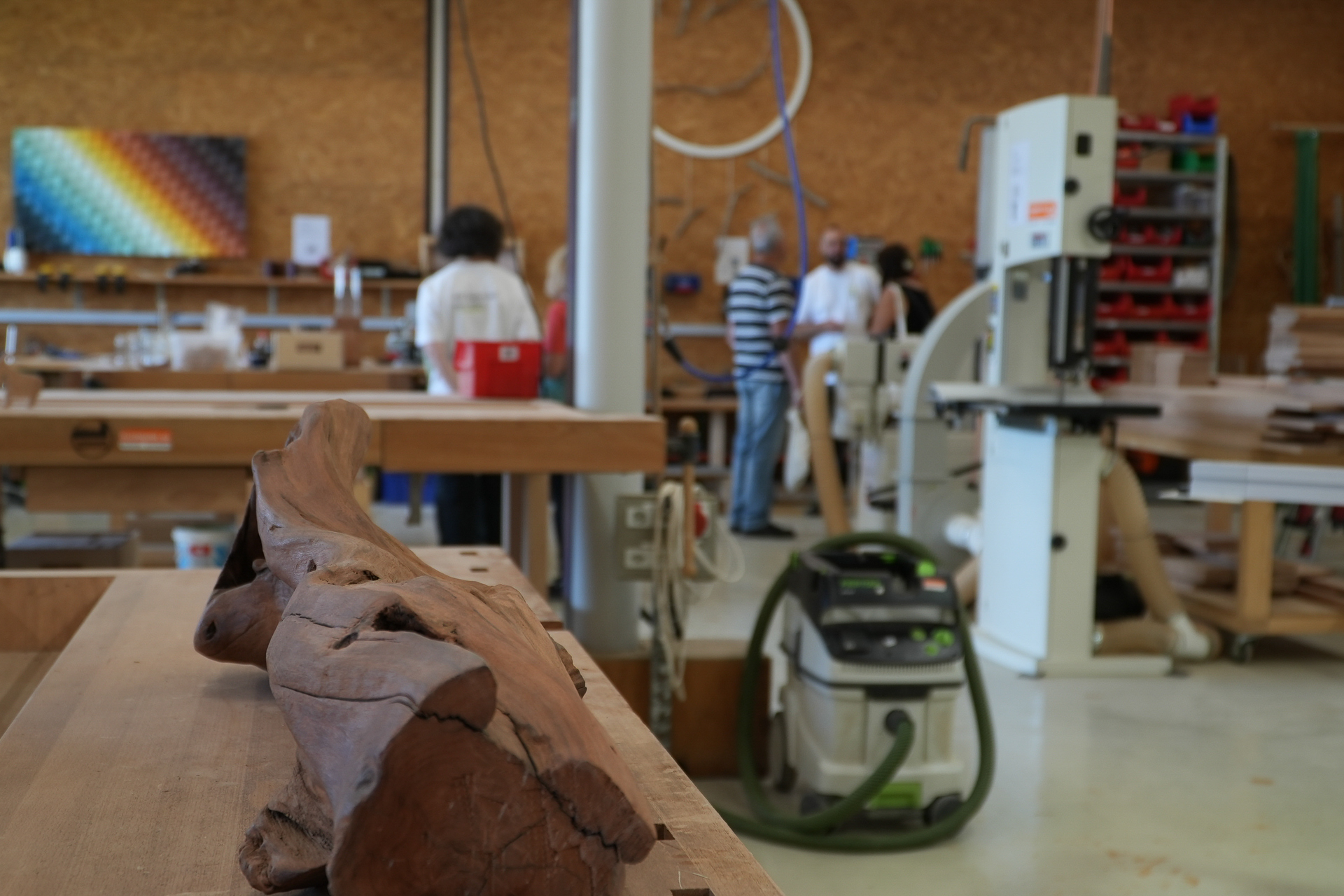 Eine Tischlerei, in der im Vordergrund ein großes Stück Holz auf einer Werkbank liegt und im Hintergrund mehrere Personen mit Werkzeugen und Maschinen arbeiten.