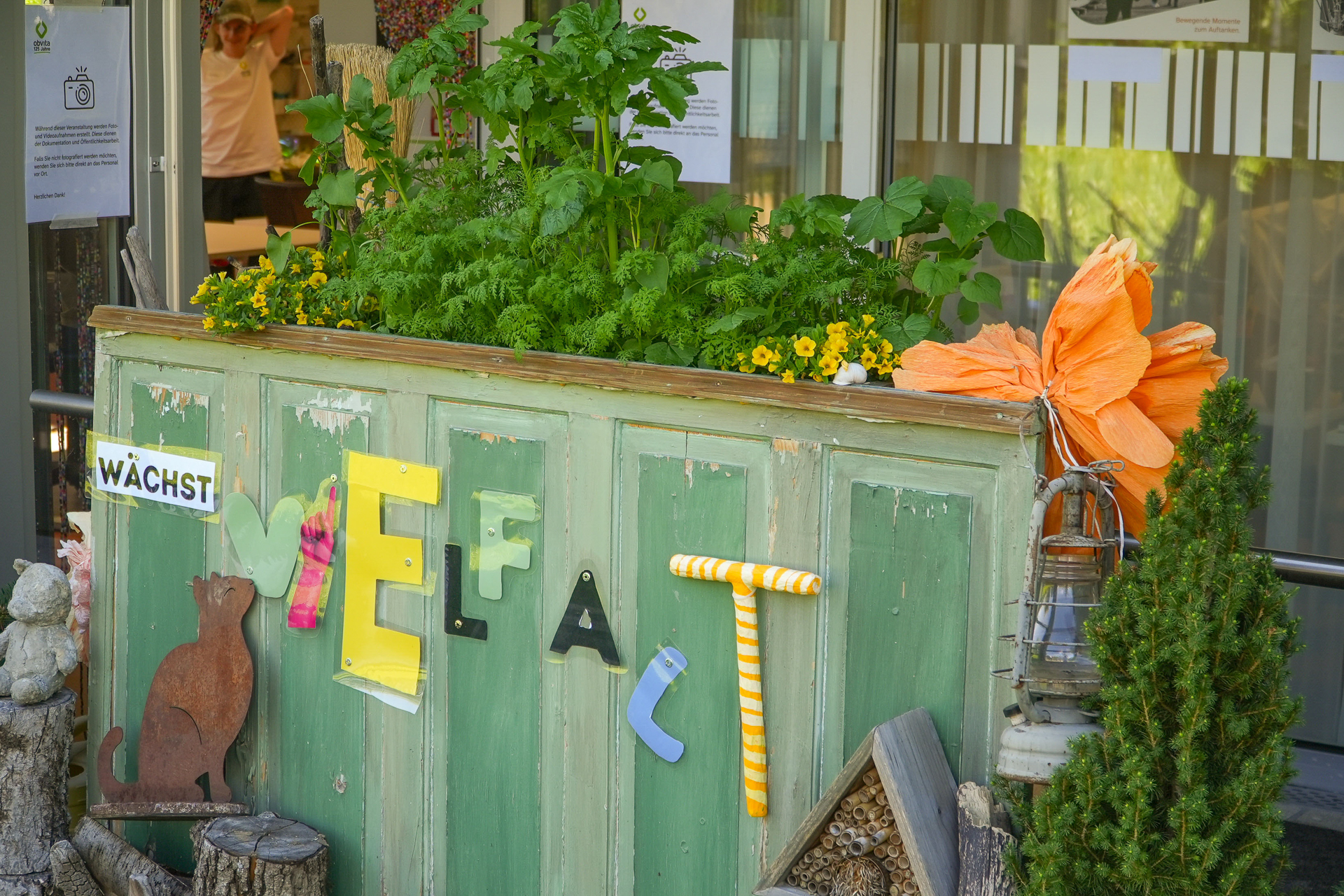Ein grüner Pflanzkübel aus Holz, verziert mit bunten Buchstaben, die das Wort „VIELFALT“ bilden, ist mit verschiedenen Pflanzen und Blumen bepflanzt; daneben liegen orangefarbene Papierdekorationen und kleine Gartendekorationen. Im Hintergrund steht eine Person darin.