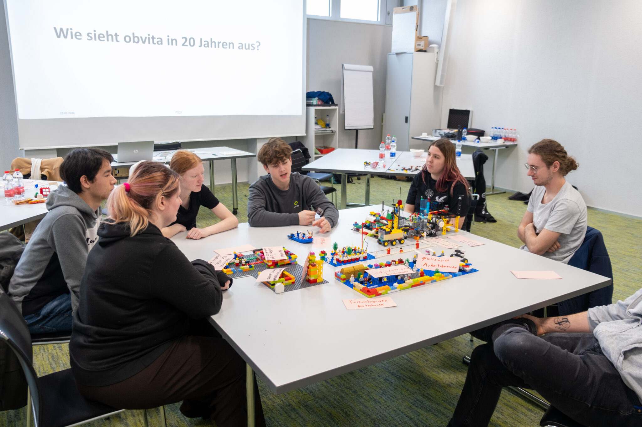 Sechs Personen sitzen mit LEGO-Modellen um einen Tisch herum und diskutieren. Auf einer hinter ihnen projizierten Folie steht: „Wie sieht obvita in 20 Jahren aus?“ Der Raum ist hell und modern, überall liegen Notizen und Arbeitsmaterialien.